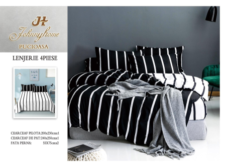Lenjerii Bumbac Satinat - Set lenjerie de pat 4 piese cu dungi alb-negru din bumbac satinat-BS491