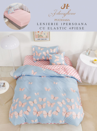 LENJERII DE PAT 1 PERSOANA & COPII - Set lenjerie de pat 4 piese cu fluturi, albastru și roz-YE100