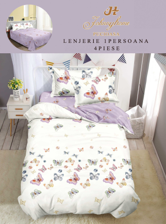 LENJERII DE PAT 1 PERSOANA & COPII - Set lenjerie de pat 4 piese cu fluturi colorati pe fond crem si lila-P116