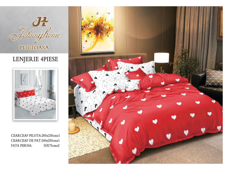 Lenjerii Bumbac Satinat - Set lenjerie de pat 4 piese cu inimioare, bumbac satinat, rosu si alb-BS536