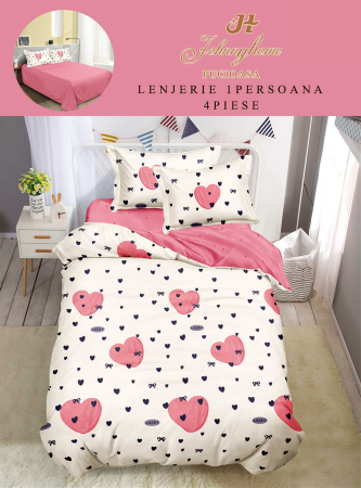 LENJERII DE PAT 1 PERSOANA & COPII - Set lenjerie de pat 4 piese cu inimioare roz si negru-P129