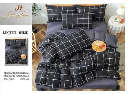 Lenjerii Bumbac Satinat - Set lenjerie de pat 4 piese cu model carouri negru și alb-BS652