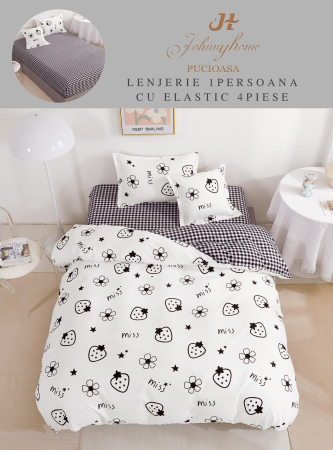 LENJERII DE PAT 1 PERSOANA & COPII - Set lenjerie de pat 4 piese cu model floral și carouri, 100% bumbac-YE106