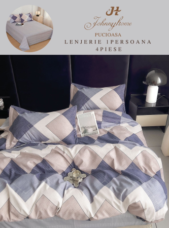 LENJERII DE PAT 1 PERSOANA & COPII - Set lenjerie de pat 4 piese cu model geometric albastru și bej-P88