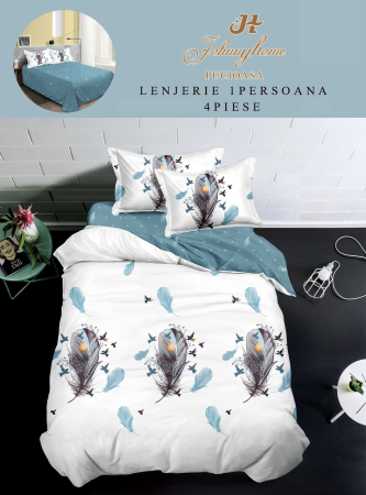 LENJERII DE PAT 1 PERSOANA & COPII - Set lenjerie de pat 4 piese cu pene și păsări, alb și albastru-P136