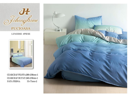 Lenjerii Bumbac Satinat - Set lenjerie de pat 4 piese, culori albastre și gri, bumbac-BS659