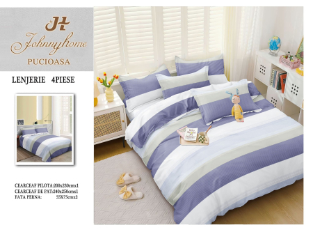 Lenjerii Bumbac Satinat - Set lenjerie de pat 4 piese din bumbac satinat, model dungi albastru și alb-BS671