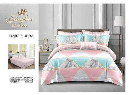 Lenjerii Bumbac Satinat - Set lenjerie de pat 4 piese din bumbac satinat, model geometric colorat-BS618