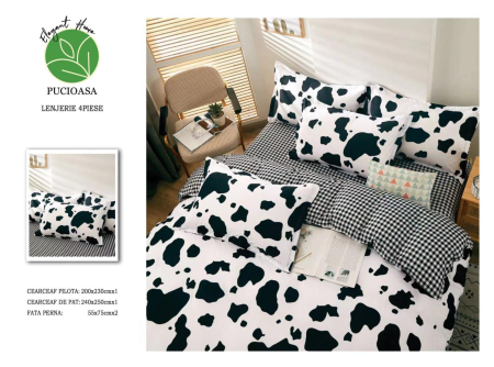 Lenjerii Bumbac Satinat - Set lenjerie de pat 4 piese model vaca, bumbac satinat-BS595