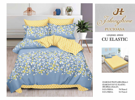 Set lenjerie de pat 6 piese cu elastic, model floral galben și albastru-T01 [0]