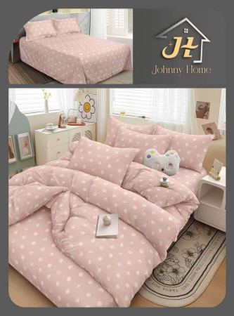 Lenjerii Bumbac Satinat - Set lenjerie de pat bumbac satinat cu buline albe, roz-BS739