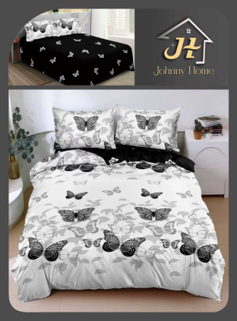 Lenjerii Bumbac Satinat - Set lenjerie de pat bumbac satinat cu fluturi albi și negri-BS667