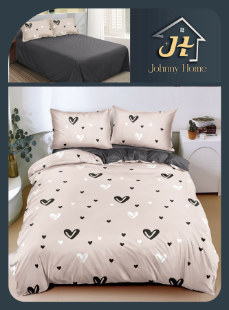 Lenjerii Bumbac Satinat - Set lenjerie de pat bumbac satinat cu inimioare, bej și negru-BS476