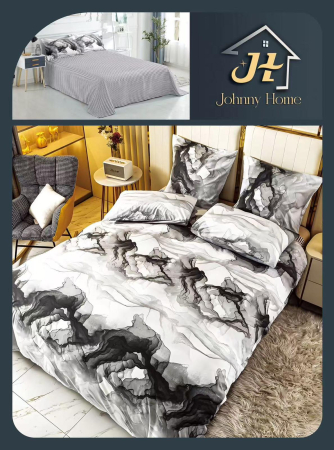 Lenjerii Bumbac Satinat - Set lenjerie de pat bumbac satinat cu model abstract alb-negru-BS638