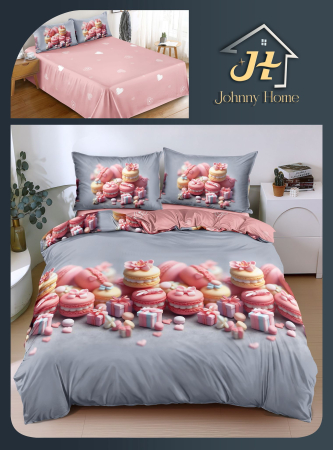 Set lenjerie de pat bumbac satinat cu model macarons roz si gri-BS713 [1]