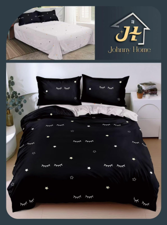 Lenjerii Bumbac Satinat - Set lenjerie de pat bumbac satinat cu ochi și stele, negru-BS564