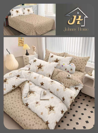 Lenjerii Bumbac Satinat - Set lenjerie de pat bumbac satinat cu stele, alb și bej-BS738
