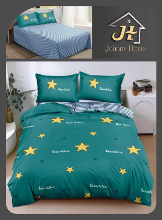 Lenjerii Bumbac Satinat - Set lenjerie de pat bumbac satinat cu stele galbene pe fond turcoaz-BS531