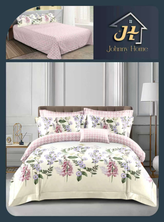 LENJERII DE PAT - Set lenjerie de pat bumbac satinat, model floral cu frunze, roz și alb-BS628