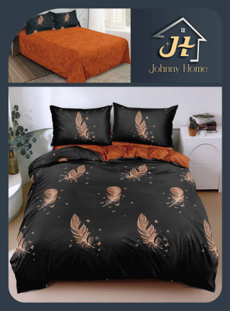 Lenjerii Bumbac Satinat - Set lenjerie de pat bumbac satinat, model pene, negru cu portocaliu-BS654
