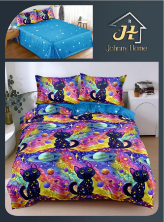 Lenjerii Bumbac Satinat - Set lenjerie de pat bumbac satinat, model pisici și planete colorate-BS727