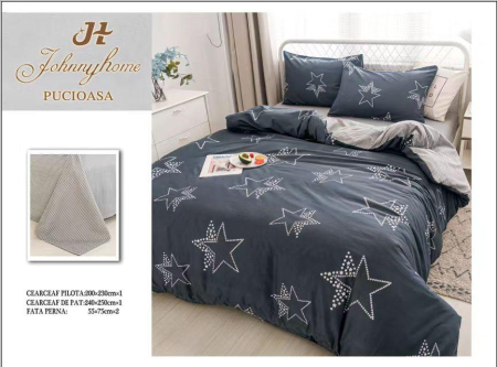 Lenjerii Bumbac Satinat - Set lenjerie de pat bumbac satinat, model stele, culoare gri inchis-BS524