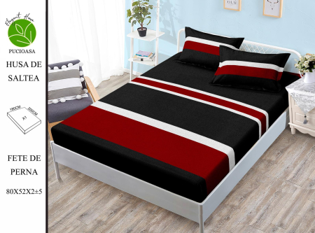 HUSE DE PAT - Husa de pat FINET CU ELASTIC Dungi Negru Rosu Alb 180x200 + 2 fete de perna-HG111