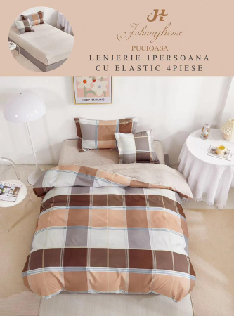 LENJERII DE PAT 1 PERSOANA & COPII - Set lenjerie de pat cu elastic 4 piese, model carouri maro și bej-YE101