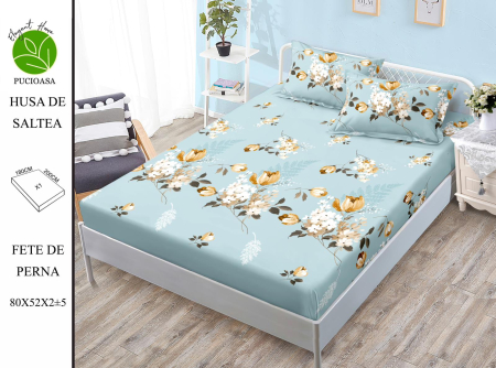 HUSE DE PAT - Husa de pat FINET CU ELASTIC Flori Galbene pe Albastru 180x200 + 2 fete de perna-HG217
