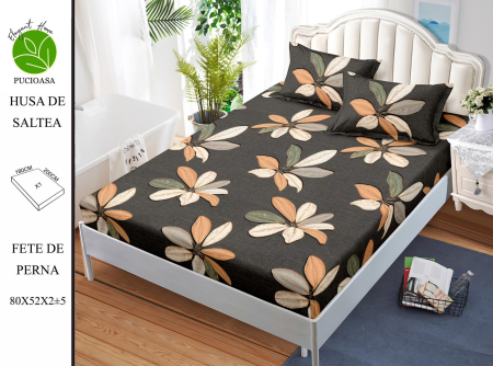 HUSE DE PAT - Husa de pat FINET CU ELASTIC Flori pe negru 180x200 + 2 fete de perna-HG195