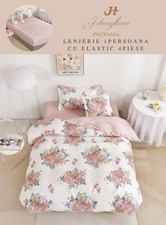 LENJERII DE PAT 1 PERSOANA & COPII - Set lenjerie de pat cu flori roz, 4 piese, elastic 100%-YE102