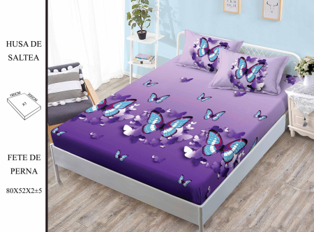HUSE DE PAT - Husa de pat FINET CU ELASTIC Fluturi Albastri pe Mov 180x200 + 2 fete de perna-HG62