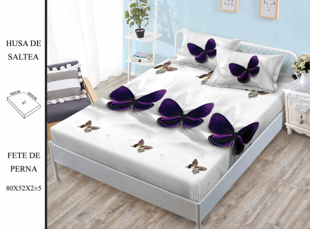 HUSE DE PAT - Husa de pat FINET CU ELASTIC Fluturi Mov 180x200 + 2 fete de perna-HG75