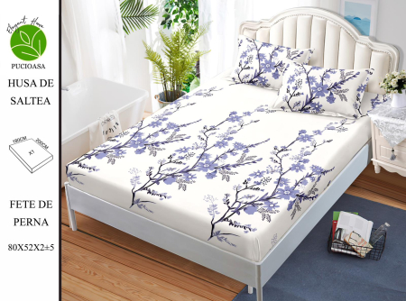 HUSE DE PAT - Husa de pat FINET CU ELASTIC Flori Mov pe Alb 180x200 + 2 fete de perna-HG197