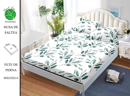 HUSE DE PAT - Husa de pat FINET CU ELASTIC Frunze verzi 180x200 + 2 fete de perna-HG213