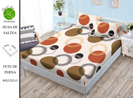 HUSE DE PAT - Husa de pat FINET CU ELASTIC Cercuri Geometrice Maro-Portocaliu 180x200 + 2 fete de perna-HG88