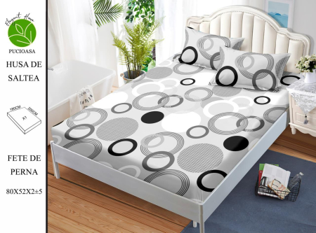HUSE DE PAT - Husa de pat FINET CU ELASTIC Cercuri Geometrice Alb-Negru 180x200 + 2 fete de perna-HG183