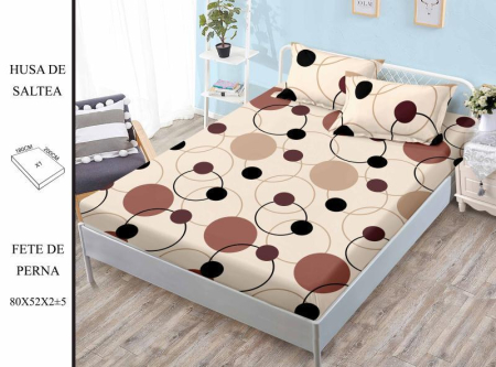 HUSE DE PAT - Husa de pat FINET CU ELASTIC Cercuri Bej Maro 180x200 + 2 fete de perna-HG63