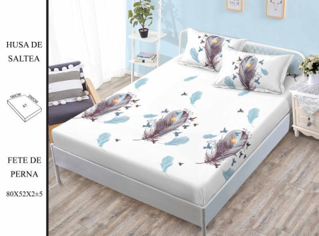 HUSE DE PAT - Husa de pat FINET CU ELASTIC Pene Acuarela Albastru 180x200 + 2 fete de perna-HG67