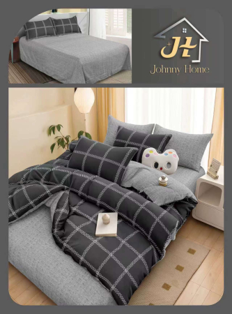 Lenjerii Bumbac Satinat - Set lenjerie de pat cu model xadrez, bumbac satinat, gri și negru-BS737