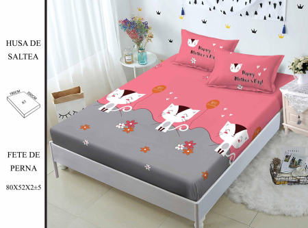 HUSE DE PAT - Husa de pat FINET CU ELASTIC Pisici Happy Mother's Day 180x200 + 2 fete de perna-HG64