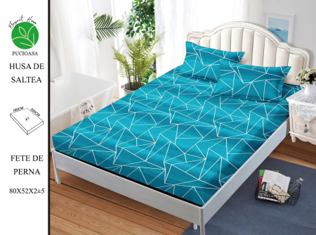 HUSE DE PAT - Husa de pat FINET CU ELASTIC Geometric Turcoaz 180x200 + 2 fete de perna-HG222