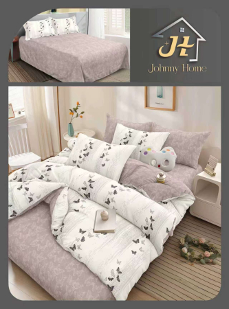 Lenjerii Bumbac Satinat - Set lenjerie de pat din bumbac satinat cu fluturi, gri și alb-BS740