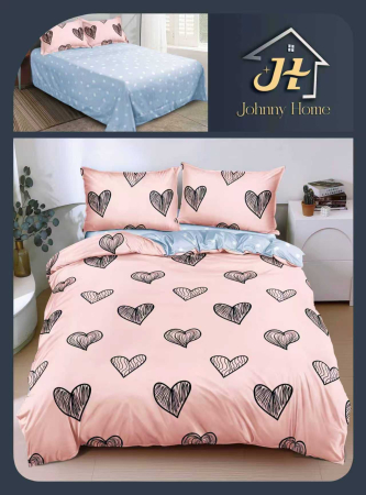 Lenjerii Bumbac Satinat - Set lenjerie de pat din bumbac satinat cu imprimeu inimioare, culoare roz și albastru-BS480