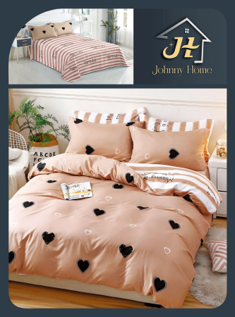 Lenjerii Bumbac Satinat - Set lenjerie de pat din bumbac satinat cu inimioare, bej și negru-BS427