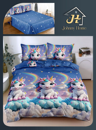 Lenjerii Bumbac Satinat - Set lenjerie de pat din bumbac satinat, model unicorn și curcubeu, albastru-BS716