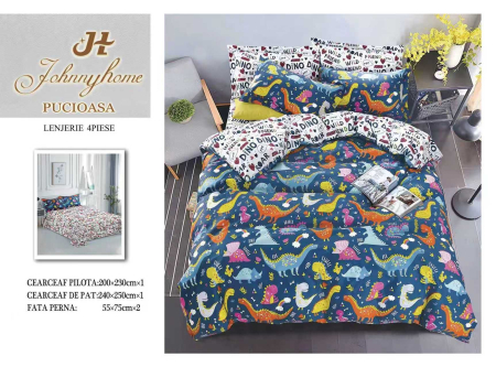Lenjerii Bumbac Satinat - Set lenjerie pat 4 piese bumbac satinat cu dinozauri colorate-BS381