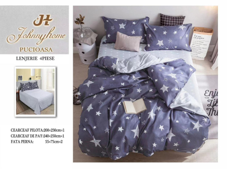 Lenjerii Bumbac Satinat - Set lenjerie pat 4 piese bumbac satinat cu stelute albastre-BS87