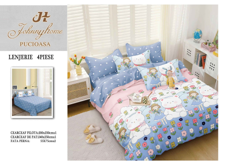Lenjerii Bumbac Satinat - Set lenjerie pat 4 piese bumbac satinat, model floral cu nori și fete de pernă-BS680