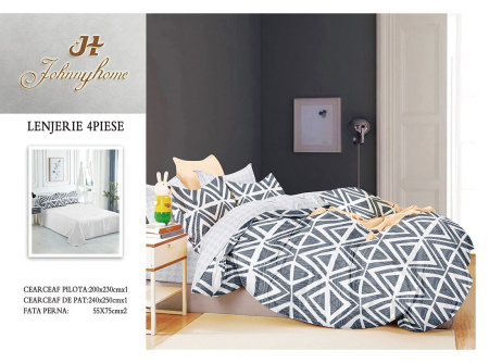 Lenjerii Bumbac Satinat - Set lenjerie pat 4 piese bumbac satinat model geometric alb-negru-BS646